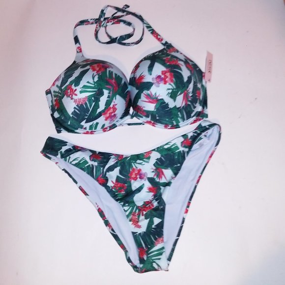 Victoria Secret Swim Bikini 38D Top XL Bottom Blue Green Leaves Bombshell Push U - Picture 5 of 10